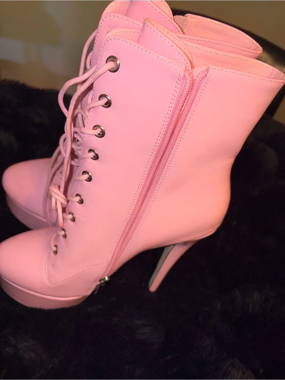 NEW Pink Patent Lace-Up Platform Stiletto Ankle Boots | Side Zip | Size 8.5